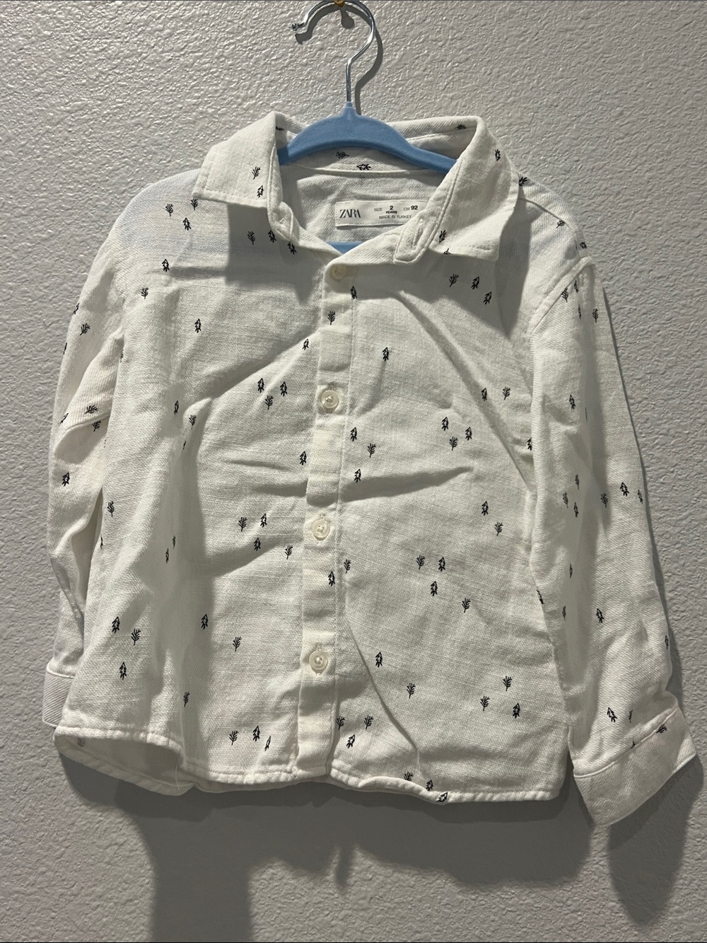 Kids White Button-Down Zara Shirt with Subtle Black Print